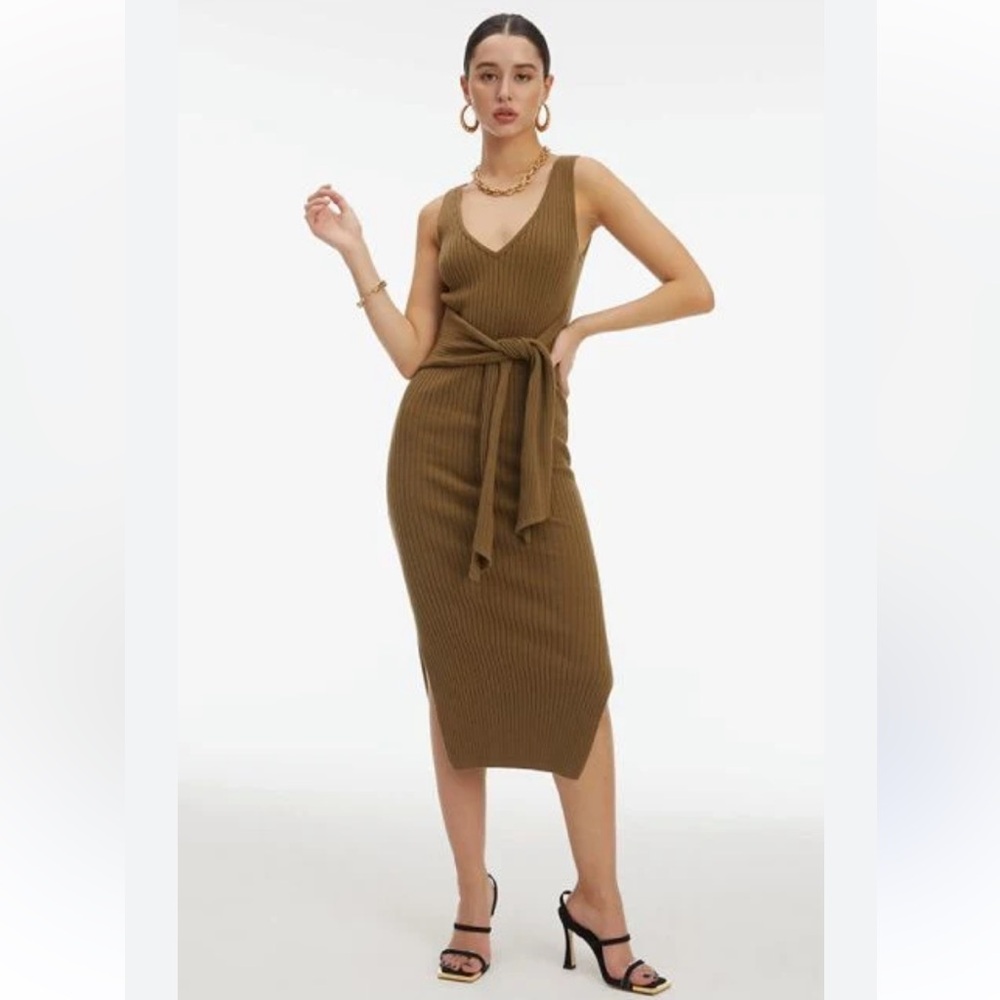 GOOD AMERICAN NWT Rib Knit Tie Waist Midi Dress sweater vneck body con SIZE 4